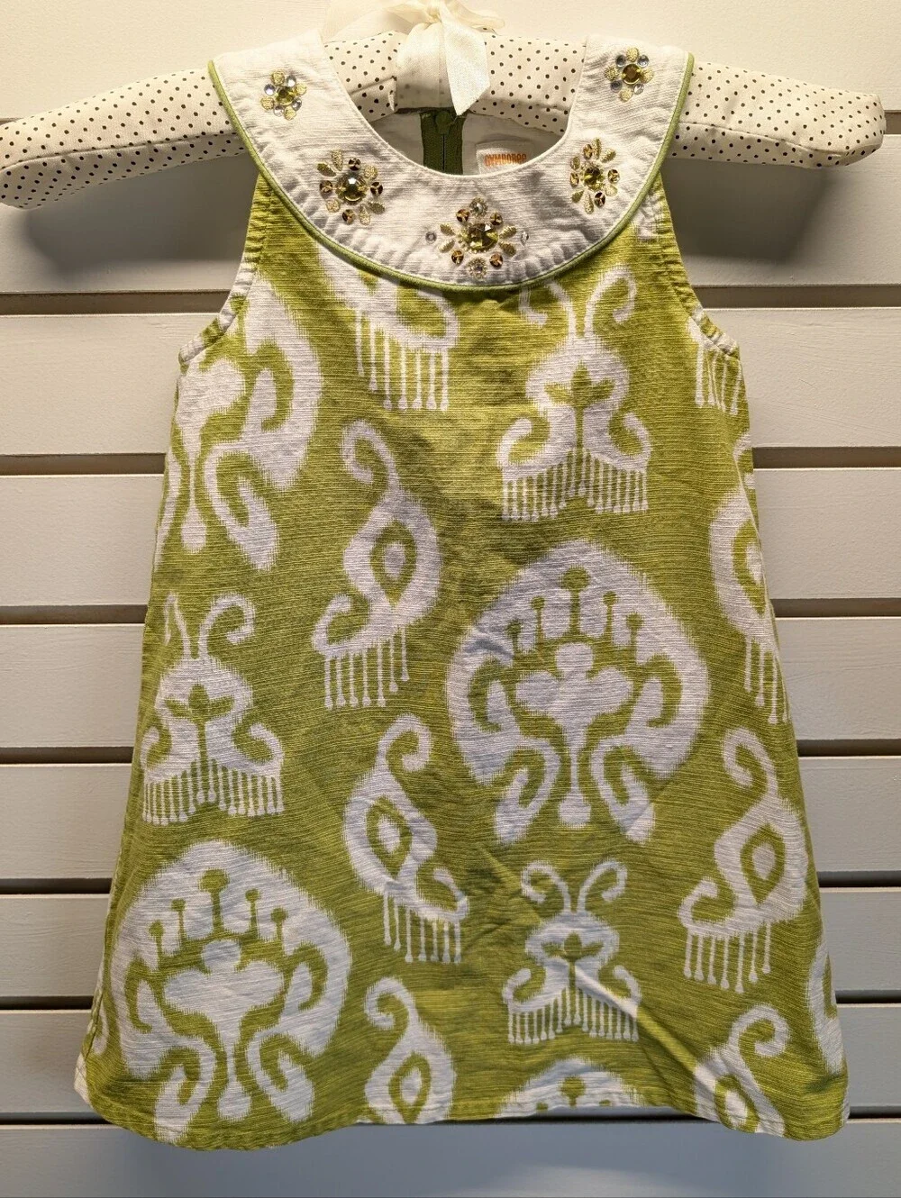 Gymboree Sleeveless Green Greek Isles Summer Dress with Jeweled Collar Sz. 4 EUC